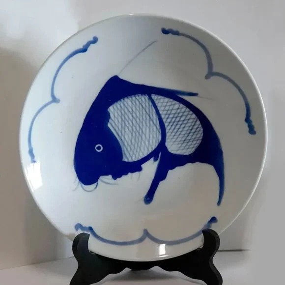 Blue and White Porcelain Carp/Koi Teapot Set with Cups and Serving Plate
